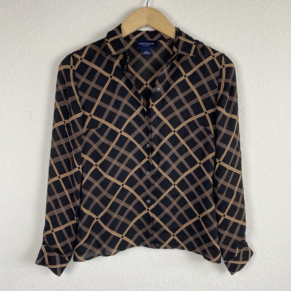 Ann Taylor 2p Button Up Shirt Plaid 100% Silk Office Career Preppy Brown Black